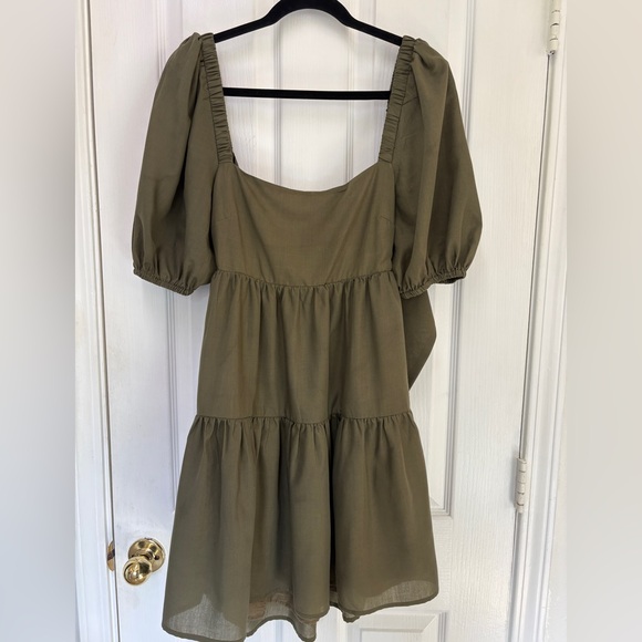 Showpo Olive Army Green Puff Sleeve Tie Back Ruffle Tiered Dress Size 6 - Picture 2 of 8